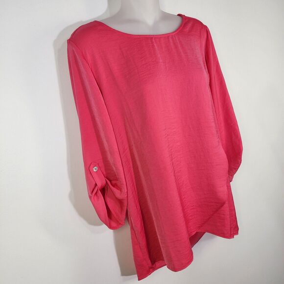 Chico's Womens Top Size 1 Medium Pink Tulip Front 3/4 Roll Tab Sleeve Scoop Neck - Picture 5 of 10